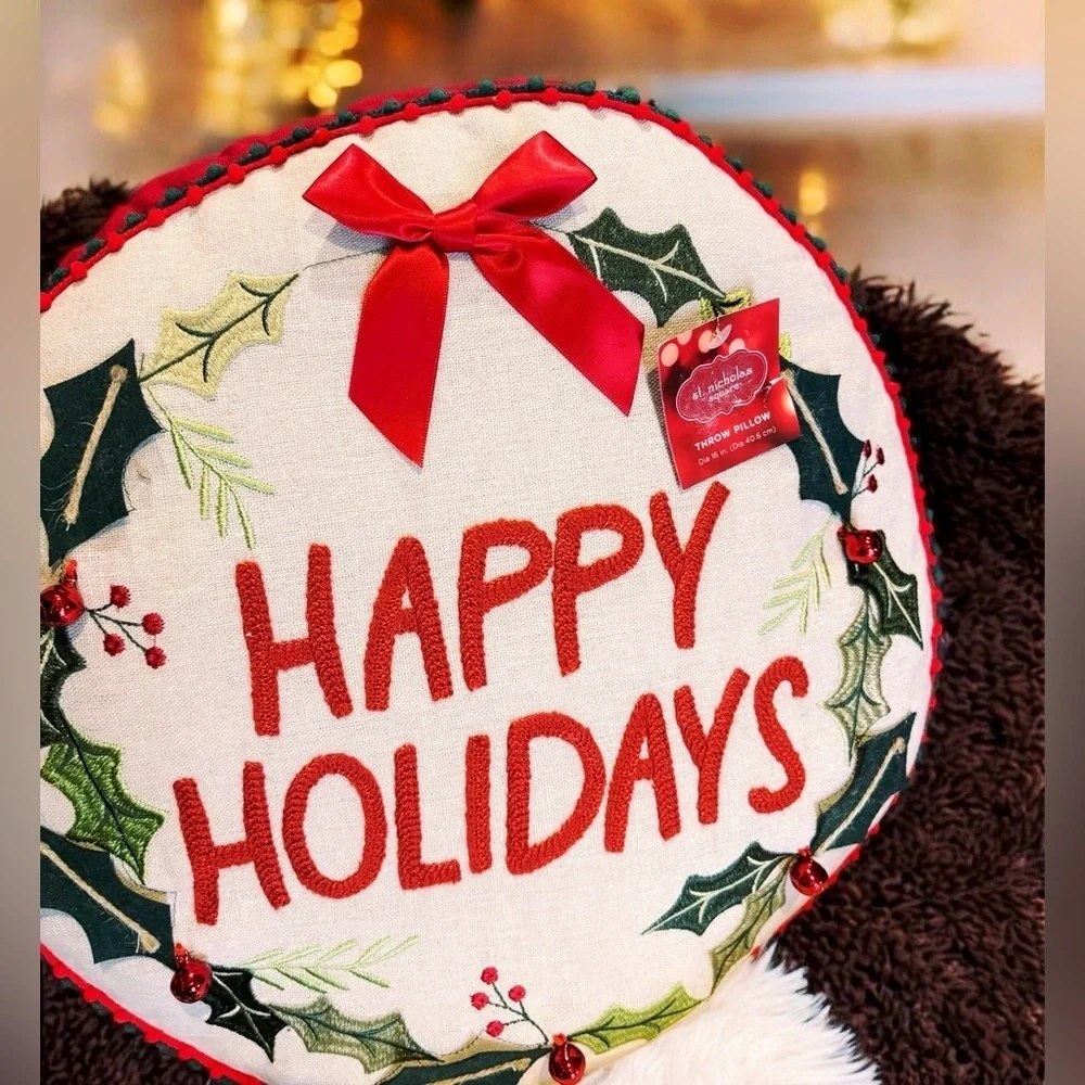 Round Happy Holiday Throw Pillow Linen St Nicholas Square® Red Bells Red Bow NWT